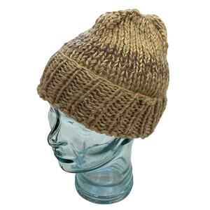 Camel Tan Brown Hand Knit Chunky Knit Cuffed Beanie / Hat, OS